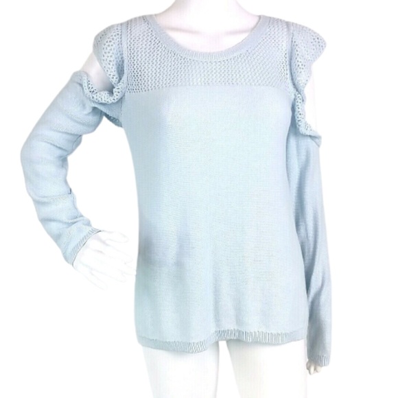 LC LAUREN CONRAD Sweater Ruffle Cold-Shoulder Eyelet Lace Blue - Picture 7 of 8